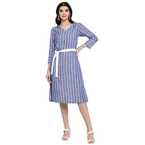 Image of DEEBACO Women's Shift Midi Rayon Printed Striped Dresses for Women 3 /4Th Sleeves V-Neck Straight Dresses for Girls with Belt (Blue)