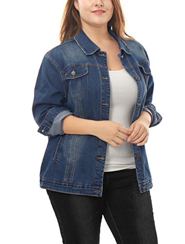 Uxcell Women's Plus Size Stitching Button Front Washed Denim Jacket 1X Blue #TOP1