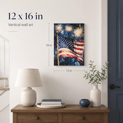 Image of Patriotic Wall Art Decorations, 4th of July American Flag Fireworks Vintage Canvas Print Picture Framed, for Rustic Americana Home Living Room Decor