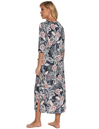 Image of Veseacky Women Robe Zipper Front House Coat 3 /4 Sleeve Nightgown Full Length Ladies Lounge Dress with Pockets S-XXL