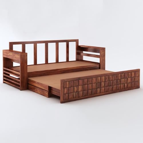 Image of Wooden Sofa Cum Bed for Living Room | Solid Sheesham Wood Convertible 3 Seater Diwan Sofa Bed with Pull-Out Storage Armrest | Folding Double Bed for Home, Guest Room & Office | Honey Finish
