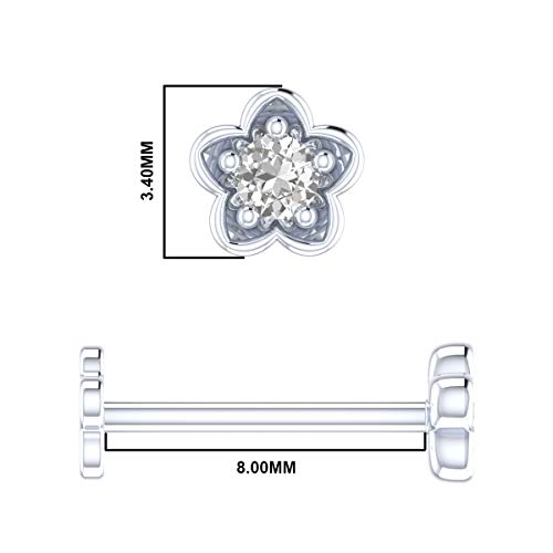 0.02 Ct Natural Diamond 14K White Gold Flower Nose Pin Lip Labret Piercing Ring Stud 8 Mm Screw Post #TOP5