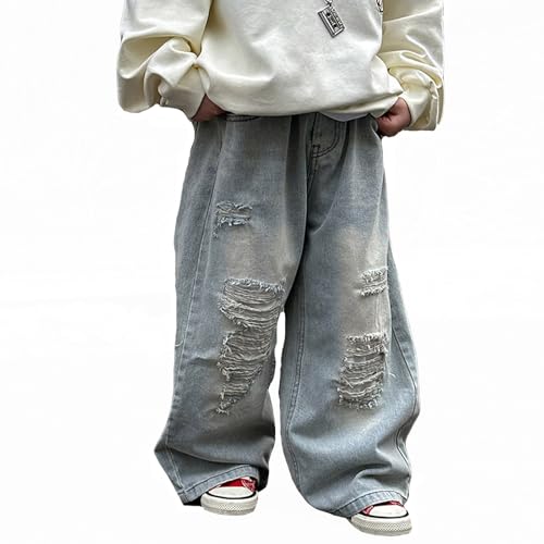 Boys Baggy Jeans Straight Leg with Pockets Elastic Waist Distressed Ripped Denim Pants Ideal for Everyday Wear