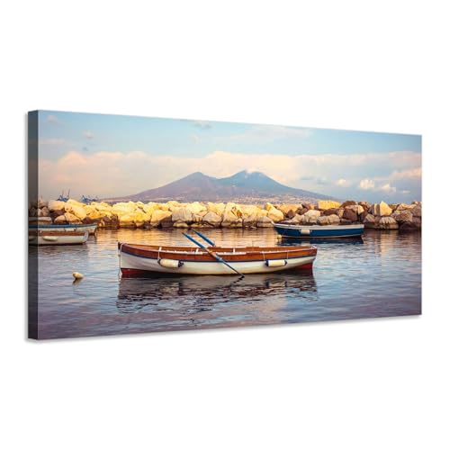 Panorama del Vesuvio e barche nel Golfo di Napoli - Quadro stampa su tela con telaio in legno - 120x60 cm