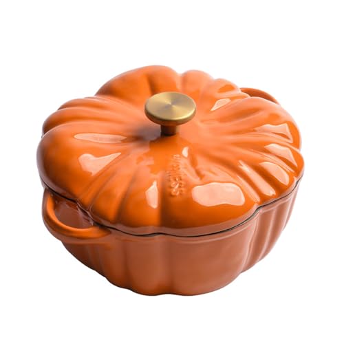 BURLOE Pumpkin Baking Dish, Pumpkin Shape Casserole Enamelled Cast Iron More Creative in The Lid of Non -Stick Coated Saucepan Deep Soup Pot Induction Stove,1.5L
