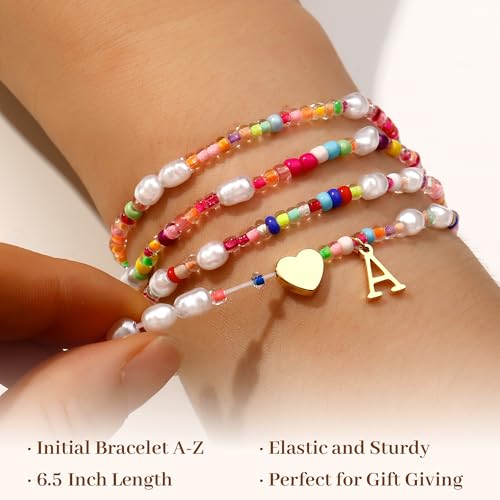 Colorful Initial Bracelets for Girls - 4PCS Gold Stretchable Boho Beaded Pearl Heart Initial Bracelets for Women Teen Girl Gifts Trendy Stuff Cute Stackable Jewelry Set Birthday Gifts3