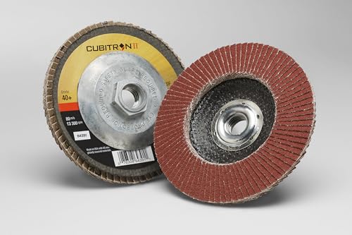 3M Cubitron II Flap Disc 969F, 40+, T29, 4 in x 3/8"-24, Pack of 10, Polyester Backing, Heavy Grinding, Edge Deburring, Aggressive Weld Removal and Beveling