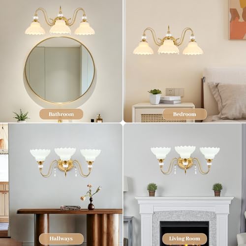 Image of Vintage Bathroom Vanity Light, 3-Light Brushed Gold Finish Wall Sconce with Hanging Crystal Accents and Flower-Shaped White Glass Shades, Retro Wall Mount Vanity Light Over Mirror for Bathroom