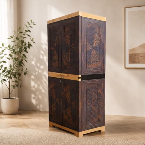 Image of 4.1 Feet Plastic Cabinet with 3 Shelves and Wooden Finish, Lockable Doors, Color - Teakwood and Amber Gold, for Home, Kitchen, Bathroom, Garage