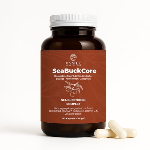 SeaBuckCore | Sanddornöl Kapseln mit Omega-7 und ausgewählten Vitaminen & Mineralstoffen | Vegan laborgeprüft ohne Zusatzstoffe | 180 Kapseln