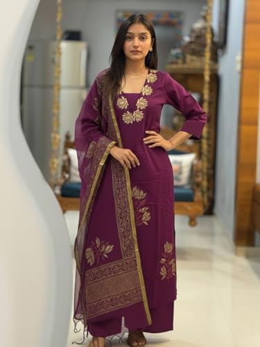 Image of ANNI Designer Women's Rayon Viscose Straight fit Printed Embroidered Kurta with Pant & Dupatta | Ethnic Kurta Set for Women | Daily, Office & Festive Traditional