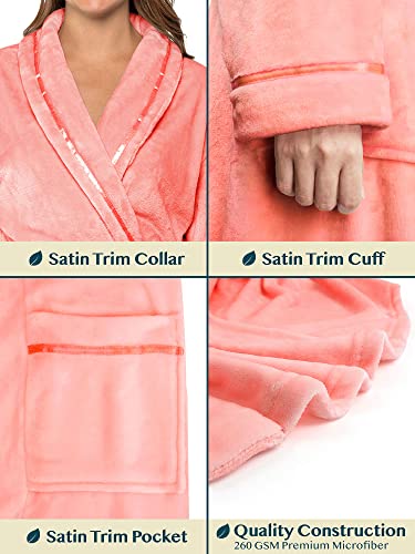 Pavilia Plush Robe For Women, Peach Coral Orange Fluffy Soft Bathrobe, Lightweight Fuzzy Warm Spa Robe, Cozy Fleece Long House Robe, Satin Trim, Small-Medium #TOP3