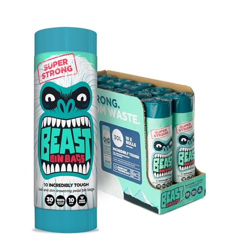 BEAST BIN BAGS, 10 Rolls of 10 x 30 Litre Bags (Total 100 Bags) - Made From 100% Recycled LLDPE - Incredibly Strong, Tall and Slim Drawstring Pedal Blue Bin Bags