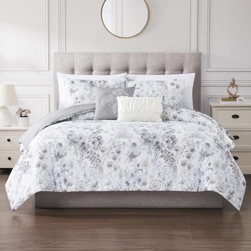 Image of Modern Threads 5-Piece Printed Comforter Set, Giverny King in White Grey Blue - Soft Comforter, 2 Pillow Shams, and 2 Decorative Pillows