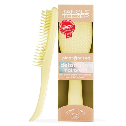 Tangle Teezer Plant Based Ultimate Detangler - Detangling Brush for 3C-4C Curly Coily Hair - Two-Tiered Teeth Define Curls & Reduce Frizz - Pastel Lemon