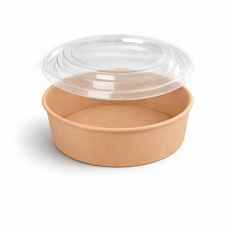 Bol Salade Kraft avec Couvercle – Lot de 100 – Étanche et Résistant – Pour Salades, Plats Chauds ou Froids à Emporter – Micro-ondable (900 ML, Couvercle en PET)