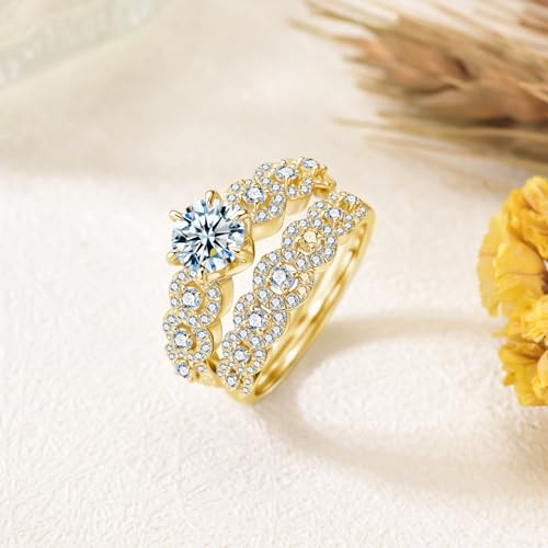 10K 14K 18K Real Gold GRA Certified Round-Cut Moissanite Wedding Ring Set, 2 Carats Moissanites Engagement Ring Sets Halo Stackable Bridal Sets for Women Jewelry Gift for Anniversary Wedding4