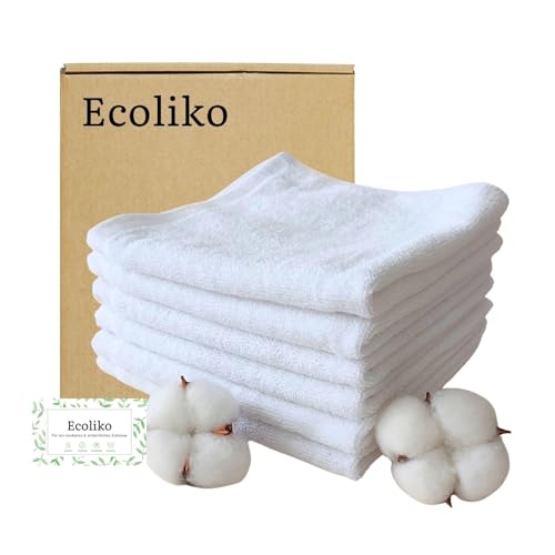 Ecoliko® Gästetücher 35×35 cm aus 100% Baumwolle, 6er Set - 570 GSM Premium Frottee - Kleine Handtücher für Gäste-WC & Bad - Weich & Saugstark - Weiß