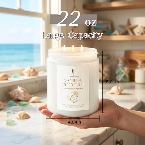 Image of Vanilla Coconut Large Scented Candle, 3-Wick 22oz Long Lasting Scented Candle, Natural Soy Wax Aromatherapy Candle for Home, Candle Gifts for Women Men