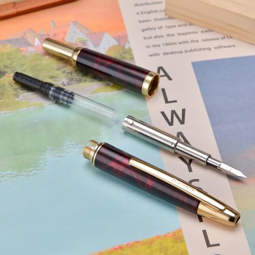 Image of Jinhao 10 Press Fountain Pen with Box, Marble Red Retractable Fine Nib with Ink Converter Set (Golden Clip)