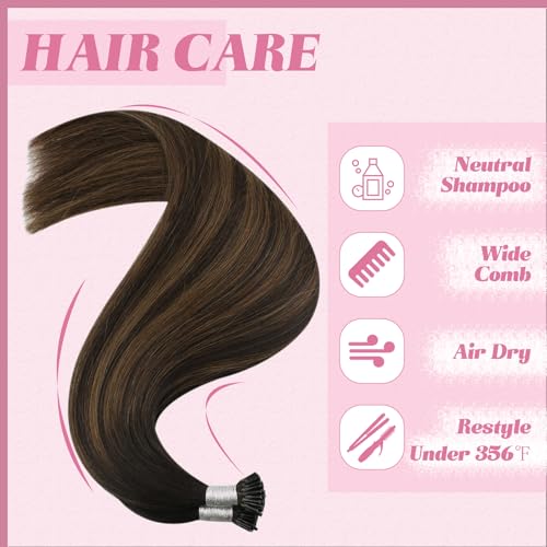 Image of YoungSee I Tip Hair Extensions Human Hair Brown 24 Inch Itips Hair Extensions Dark Brown Balayage with Browns Itip Hair Extension Real Human Hair Ombre I-Tip Extension Long Hair 50g 50s