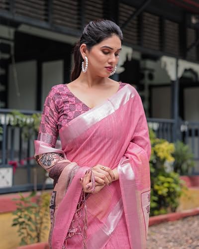 Image of Kaugalian store Linen Cotton Floral Printed Saree for Women with Unstitched Blouse Piece | 5.5 M Saree & 0.8 M Blouse