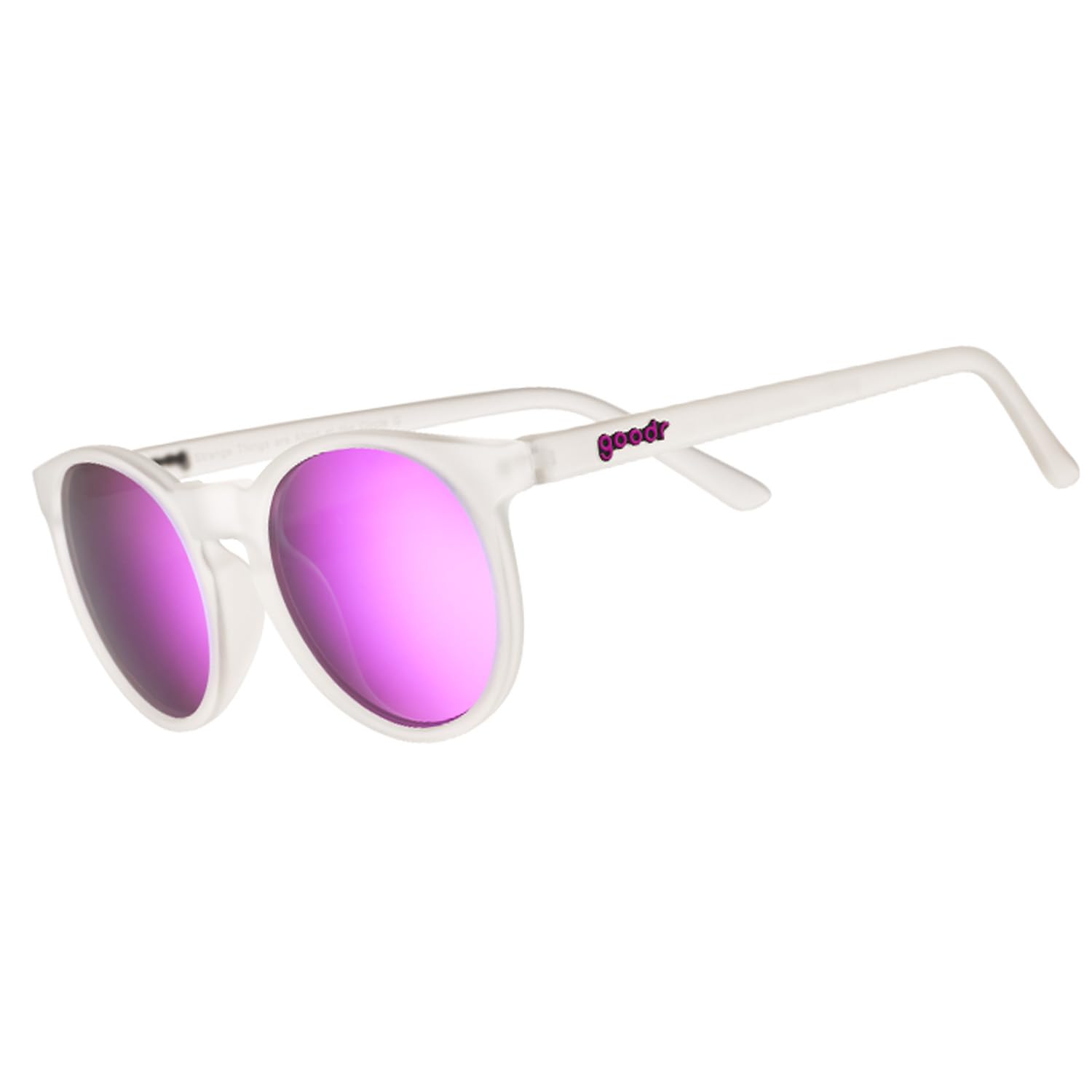 goodr Strange Things Are Afoot Polarized Round Sunglasses, Small Sized (Circle G), Clear Translucent Frame with Purple Mirrored Reflective Lenses, UV400 Protection, No Slip, No Bounce