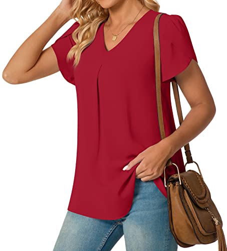 Anyally Womens Summer Dressy Chiffon Blouses V Neck Petal Short Sleeve Tunic Tops For Leggings Casual T-Shirts, L Red #TOP2
