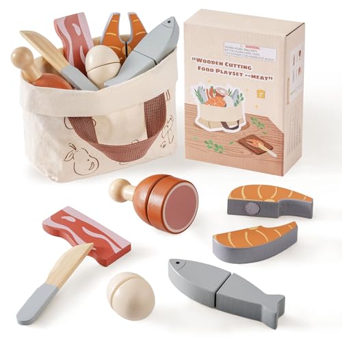 Image of ROBOTIME Wooden Play Food Cutting Meat & Eggs Set, Pretend Play Toy Food for Play Kitchen with Shopping Bag – Kids Kitchen Accessories, Wooden Food Toys for Boys & Girls