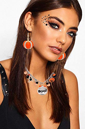 Halloween Ghost Necklace Crystal Beaded Boo Pumpkin Pendant Choker Necklace With Pumpkin Drop Earrings Jewelry Set (Silver Neckalce Gold Earrings) #TOP1