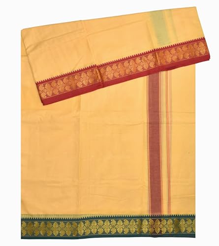 Image of TUNI MANI Men's Panchakacham Dhoti with Angavasthram Towel, Jari Border, 100% Cotton, Size: 9 X 5 (4.0mtr Dhoti, 2.25mtr Towel) (Unstitched)