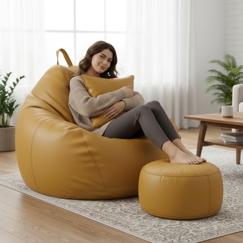 Image of KAM'S LIEU 6XL Premium Leatherette Bean Bag Combo with Footrest & Cushion | Pre-Filled with EPS Beans | Double Stitched | 6 Months Warranty | Yellow