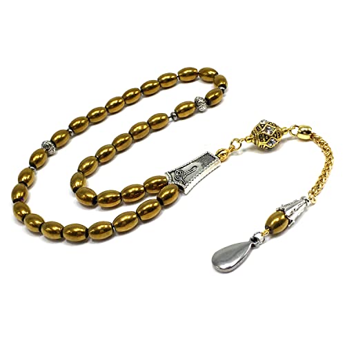 -Gentle Men Collection- Prayer Beads-Worry Beads-Tesbih-Tasbih-Tasbeeh-Misbaha-Masbaha-Subha-Sebha-Rosary (Non-Magnetic Gold Drum Hematite -6x9 mm- 33 Beads)