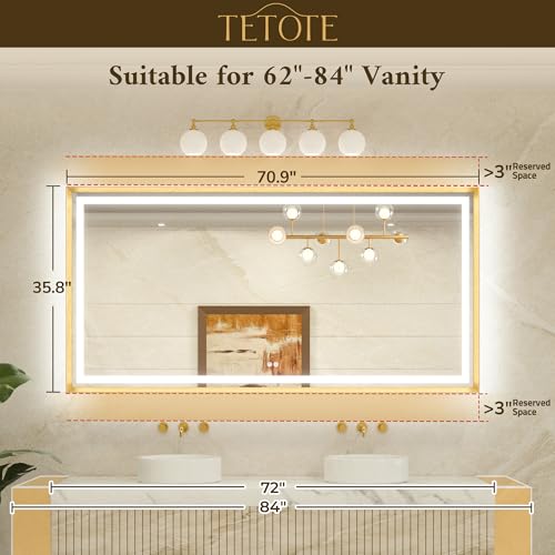 TETOTE 72 x 36 Large Bathroom Mirror Brushed Bright Nickel Metal Frame Frontlit & Backlit Vanity Mirror 3 Colors White/Warm/Natural Stepless Dimmable Anti-Fog Bathroom Mirrors for Vanity Wall-Mounted