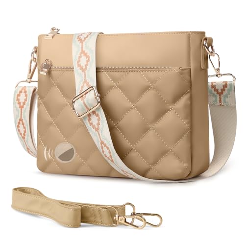 Small Quilted Crossbody Bags for Women Soft Lightweight Travel Nylon Shoulder Bag with 2Adjustable Guitar Strap Khaki