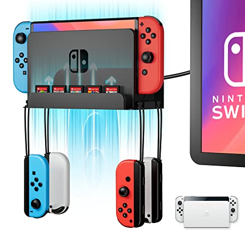 Wiilkac Wall Mount for Switch and Switch OLED, Metal Wall Mount Kit with 5 Game Cards Slots and 4 Joy Con Hooks, Back Airflow Gap Design, Safely Store Your Switch Console Near or Behind TV (Black)