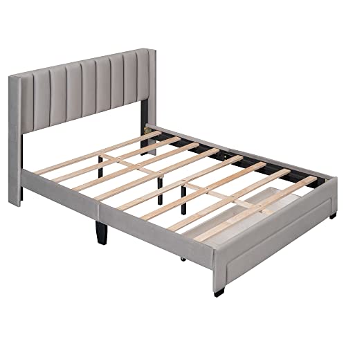 Merax Luxury Upholstered Bed Frame Wit Storage Drawer/Mattress Foundation/Wood Slat Support/Space Saving,Queen, Gray #TOP4