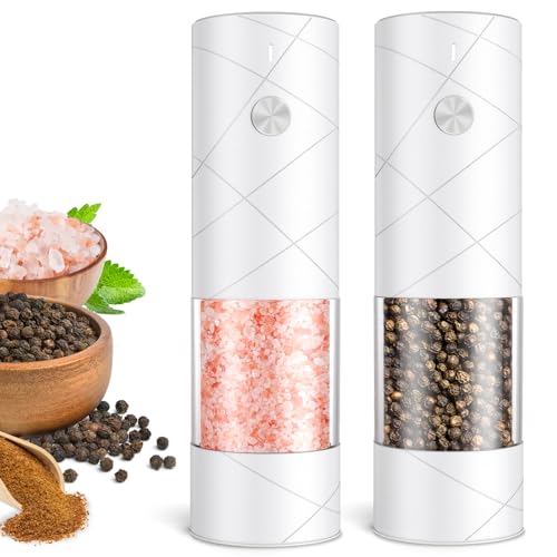 Rechargeable Electric Salt and Pepper Grinder Set, Automatic Salt and Pepper Shakers, Adjustable Coarseness Pepper Grinder with Led Kitchen and Home Appliances Gifts for Women(Whitewhite)