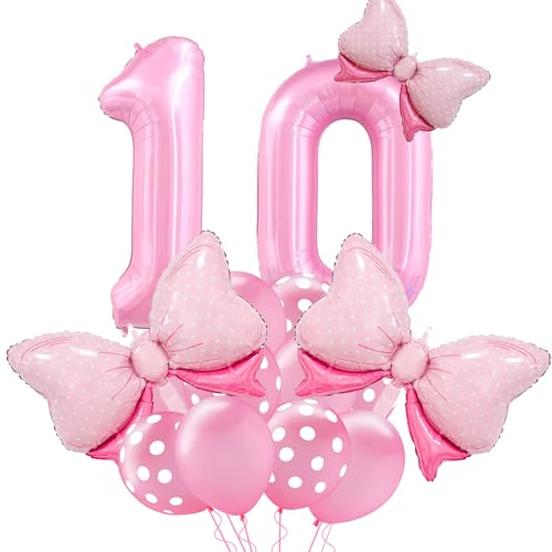 Image of Pink Birthday Balloons, Bow Balloons Pink 10 Balloon Number 40 Inch, 10th Birthday Decorations for Girl, Number 10 Balloon for 10th Anniversary Decorations