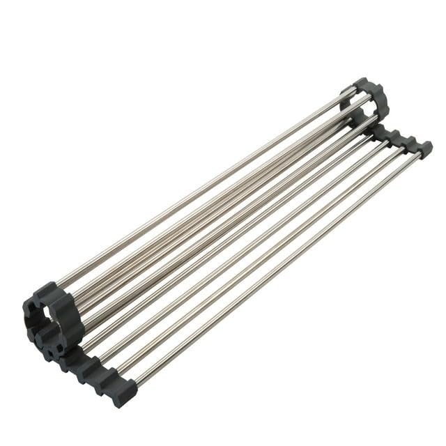 Image of 10 Pipe Foldable Roll Up Dish Drying Rack Over The Sink Multipurpose Kitchen Counter Rolling up Stainless Steel Drainer for Cups, Utensils, Fruits, Vegetables