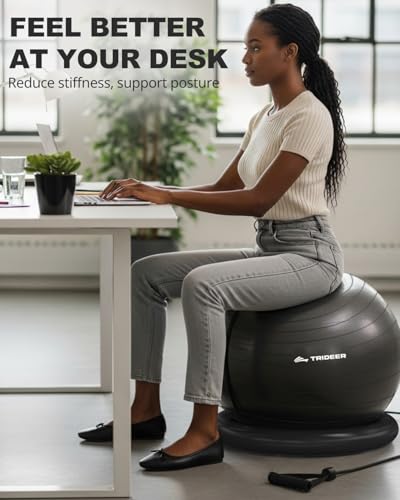 Image of Trideer Exercise Ball Chair with Base & Resistance Bands for Home Gym, Stability Ball Seat for Core Workout and Back Support