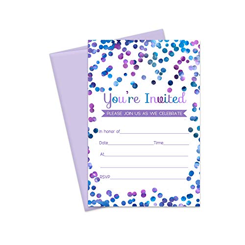 Purple Confetti Party Invitations with Envelopes Set of 15