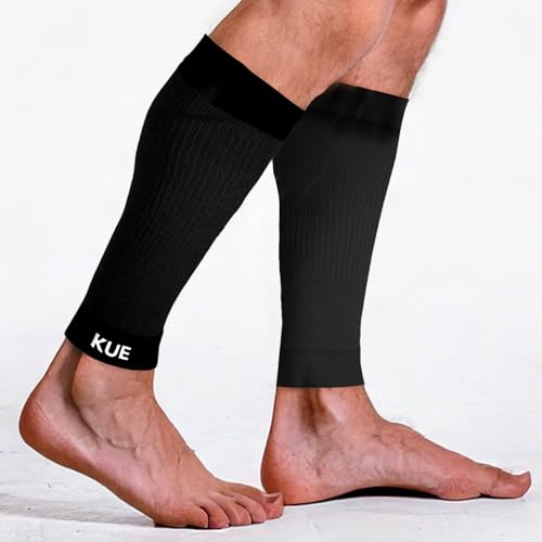 Image of KUE Compression calf sleeves for men and women | Running, Sports Activity | Improved Blood Circulation, Swelling, Calf Support in Muscle Fatigue & Recovery (Black- S /M)