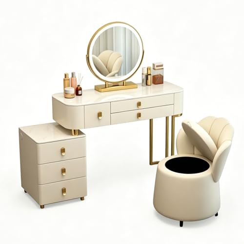 Lsoiup Tocador con Espejo LED Inteligente, 6 cajones + gabinete de Almacenamiento, Moderno Mesa de Maquillaje Extensible con Taburete de Almacenamiento, tocador Ajustable Grande, Blanco(L:100cm)
