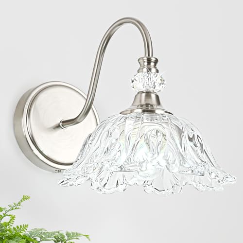Image of 1 Piece Brushed Nickel Wall Sconce with Floral Clear Glass Shade, Brushed Nickel Finish Wall Mount Lighting for Bathroom, Modern Bathroom Vanity Light Fixture