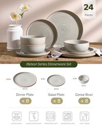 Image of Famiware Meteor Plates and Bowls Sets, 24-Piece Stoneware Dinnerware Sets, Dishes Set for 8, Microwave and Dishwasher Safe Tableware, Matcha Green