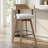 HNY 360° Swivel Singel Bar Stool, 26' Seat Height Counter Chair with Linen White Upholstery, Solid Wood Frame & Black Metal Footrest, Modern Kitchen Island Stools for Home Bar & Dining Room
