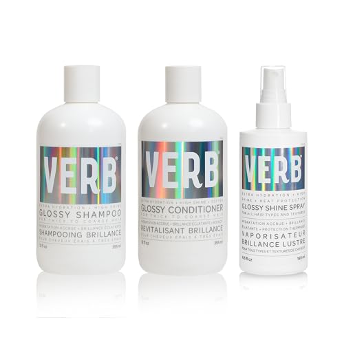 VERB Glossy Shine Spray with Heat Protection - for All Hair Types - Adds High Shine and Primes for Styling, 6.5 fl oz + VERB Glossy Shampoo, 12 fl oz + VERB Glossy Conditioner, 12 fl oz Bundle