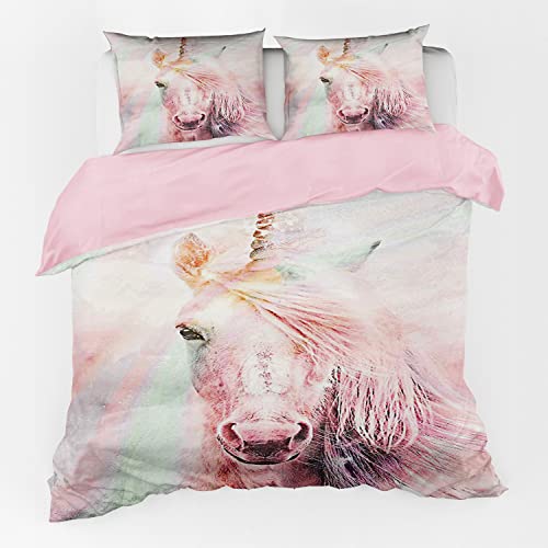 Scxhen Pink Unicorn Rainbow Girl Duvet Cover Set Full Size 3 Pieces Cute Bedding (1 Comforter Cover 80"X90" With 2 Pillow Sham) #TOP20