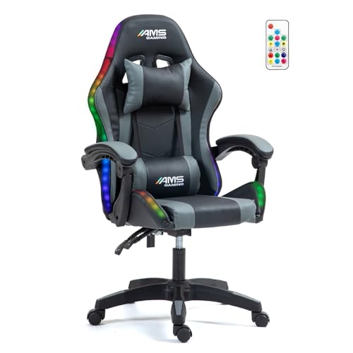 Chaise Gamer#02-Grey-LED – Coloris Noir & Gris – LED RGB 358 Effets – Télécomande – Coussins Lombaire & appuie-tête